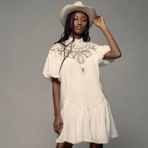 By Anthropologie High-Neck Lace Tunic Mini Dress White Size Medium